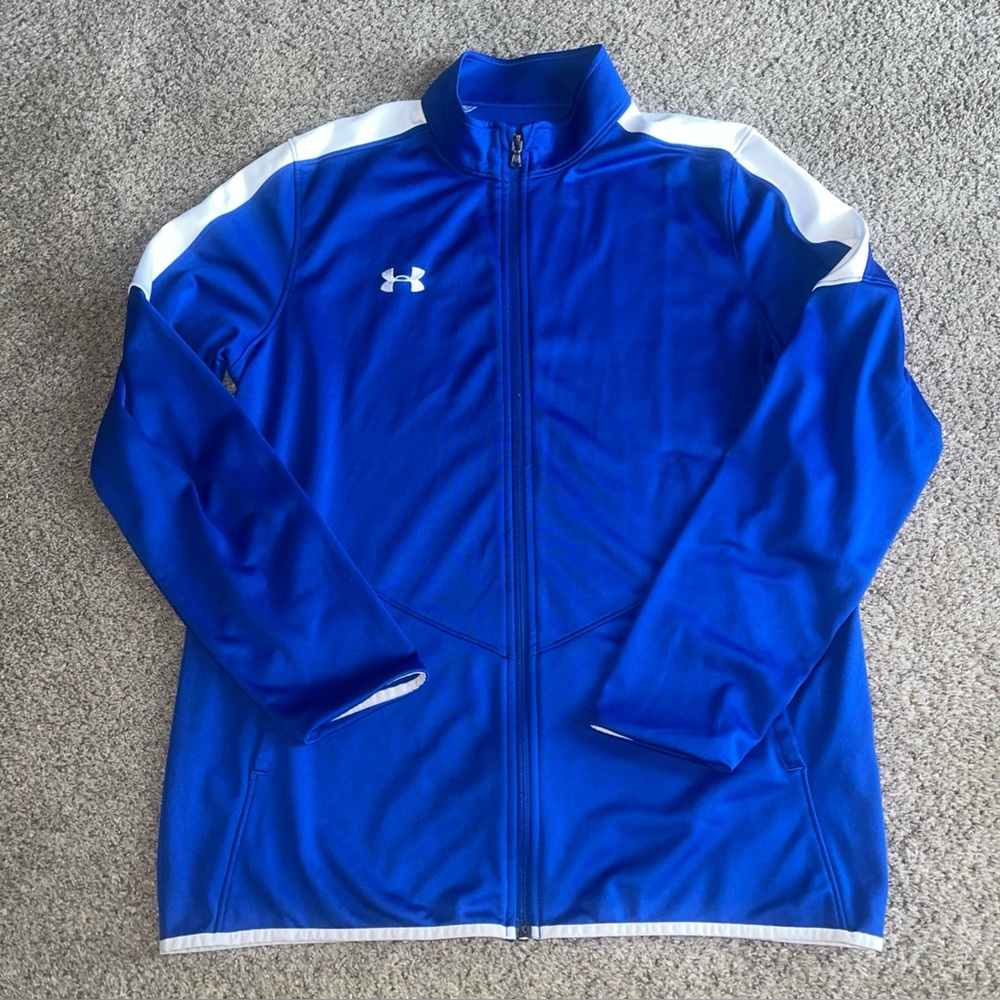 Under Armour Track Warm Up Jacket Mens Large Royal Blue White Loose Fit Full Zip